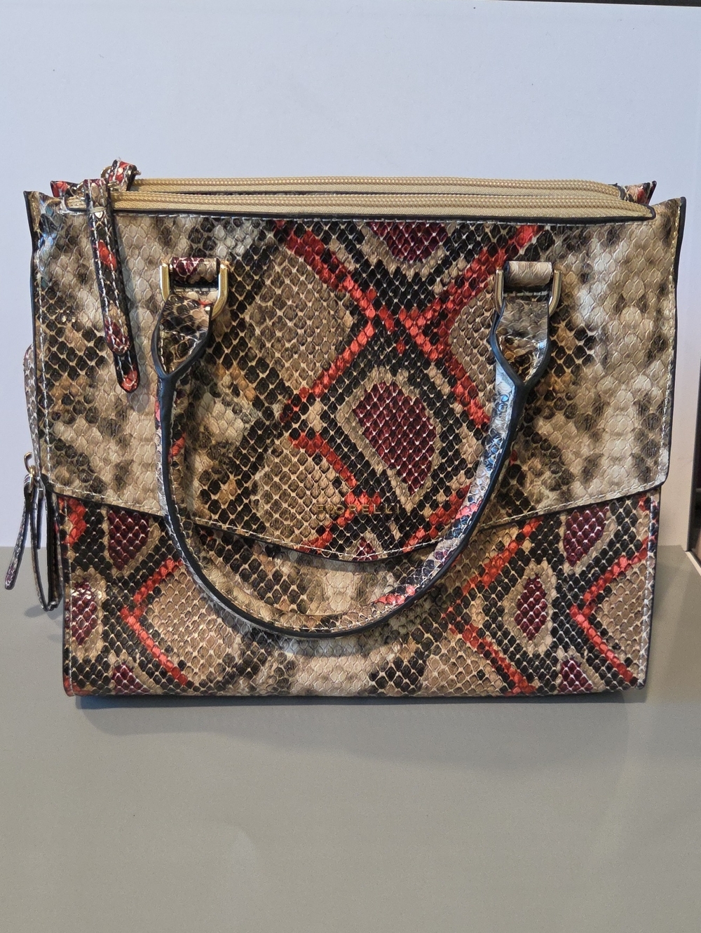 Fiorelli Mia Snake-Print Structured Tote Handbag in Beige and Red